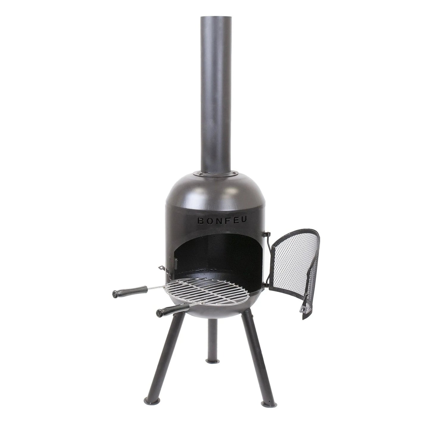 Black metal bonfeu bonsolo outdoor fireplace with round body tall chimney and grill grate for outdoor use