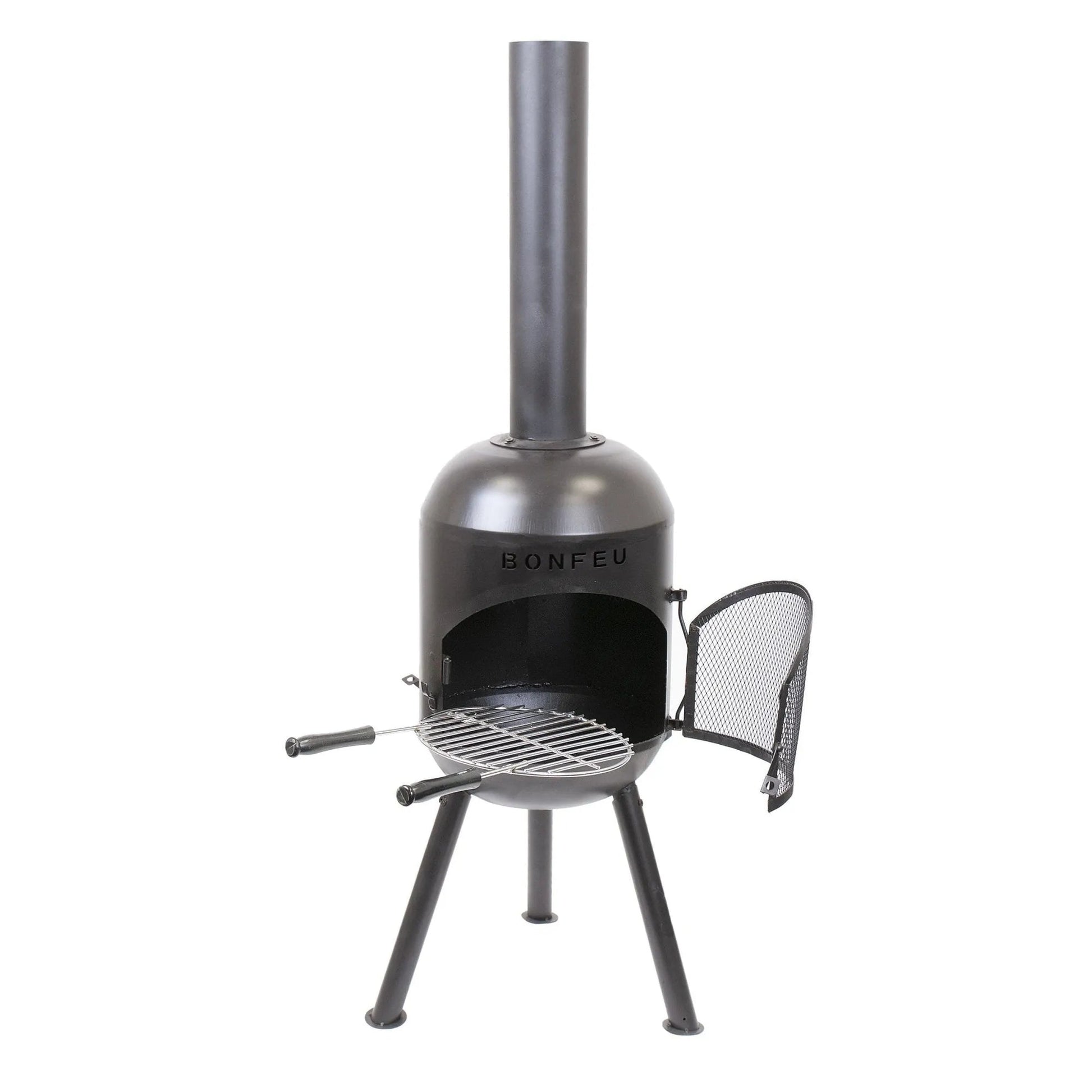 Black metal bonfeu bonsolo outdoor fireplace with round body tall chimney and grill grate for outdoor use