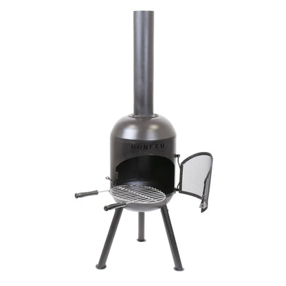 Black metal bonfeu bonsolo outdoor fireplace with round body tall chimney and grill grate for outdoor use
