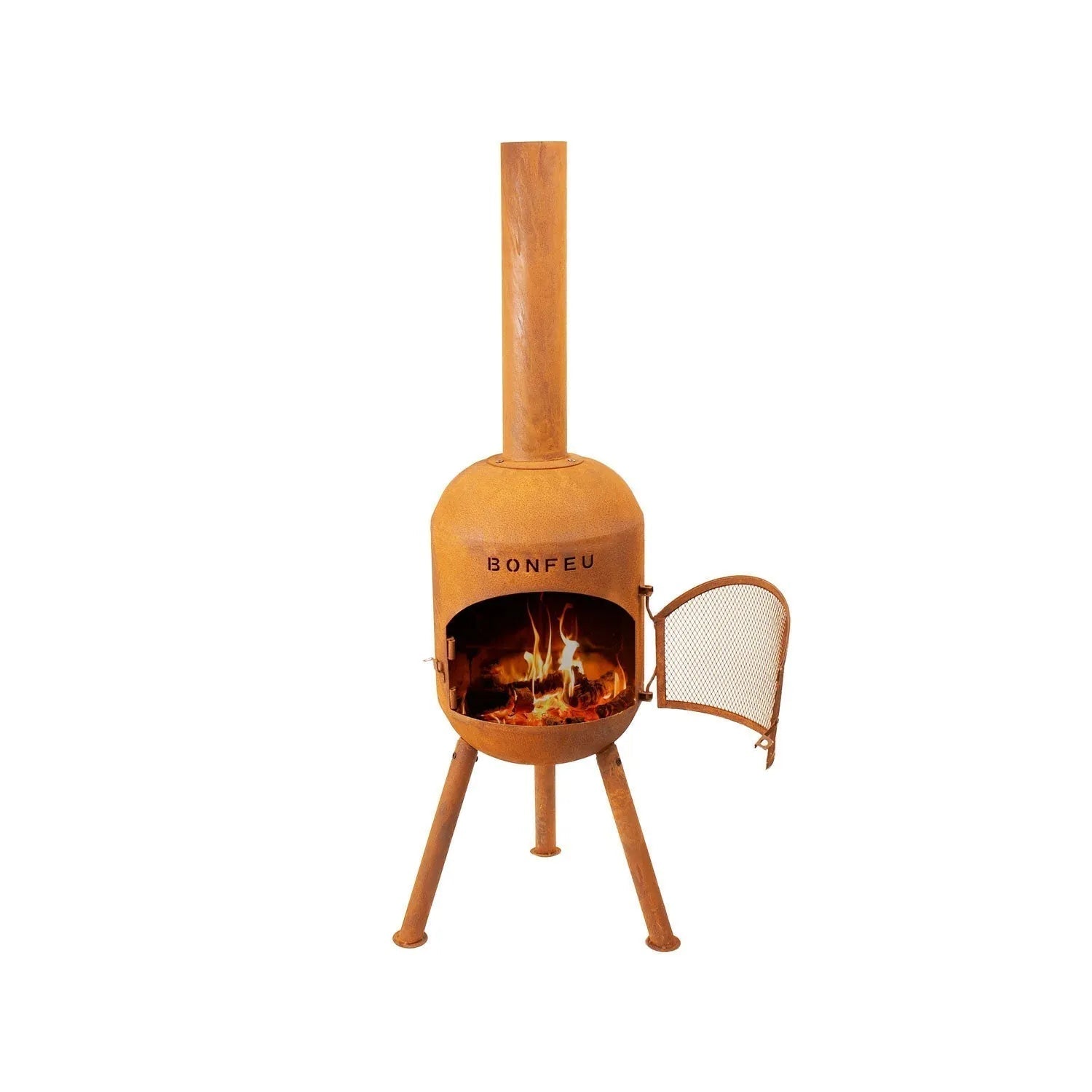 Rust-colored corten steel bonfeu bonsolo outdoor fireplace with tall chimney and mesh door for firewood burning