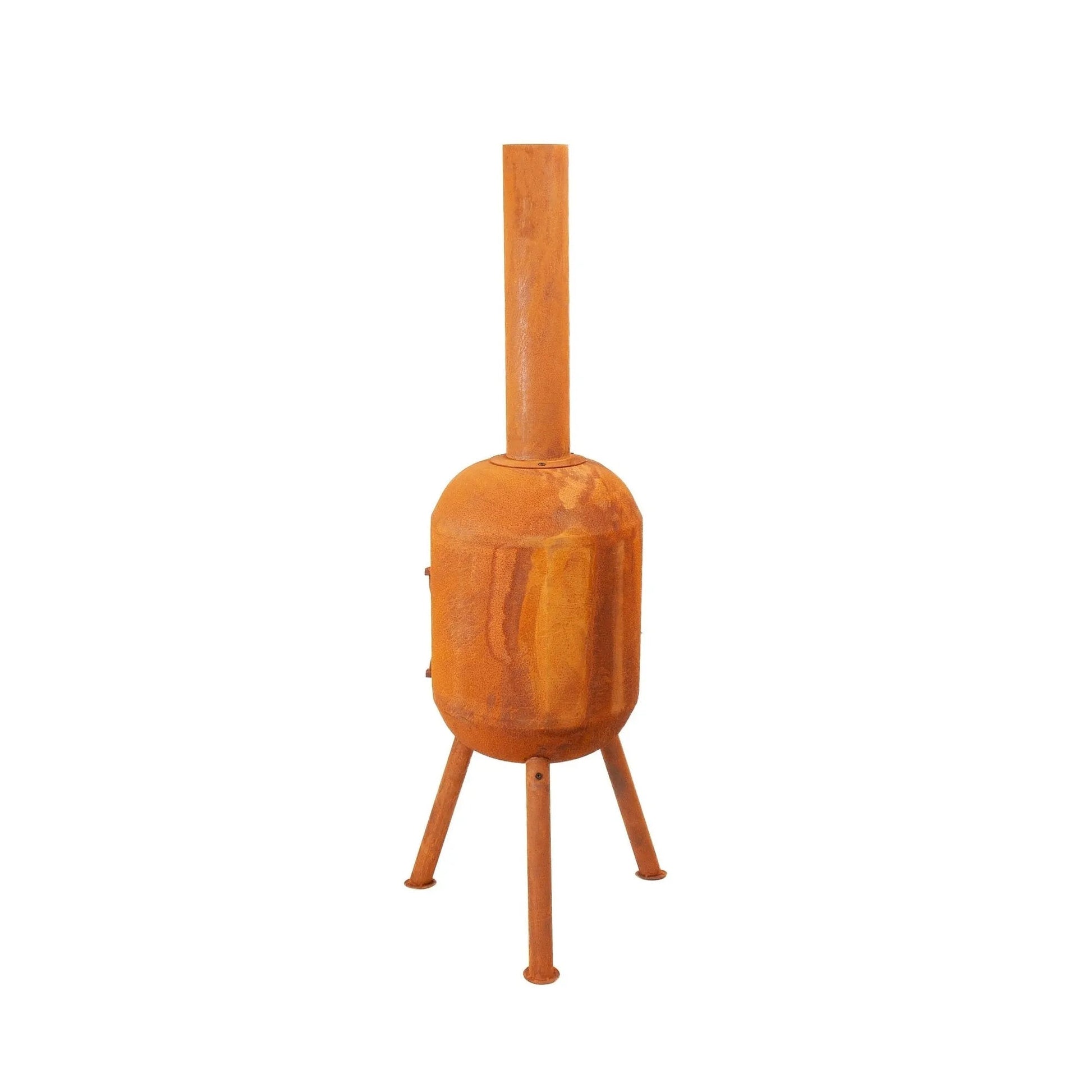 Rust-colored corten steel bonfeu bonsolo outdoor chiminea with cylindrical body vertical chimney and tripod legs