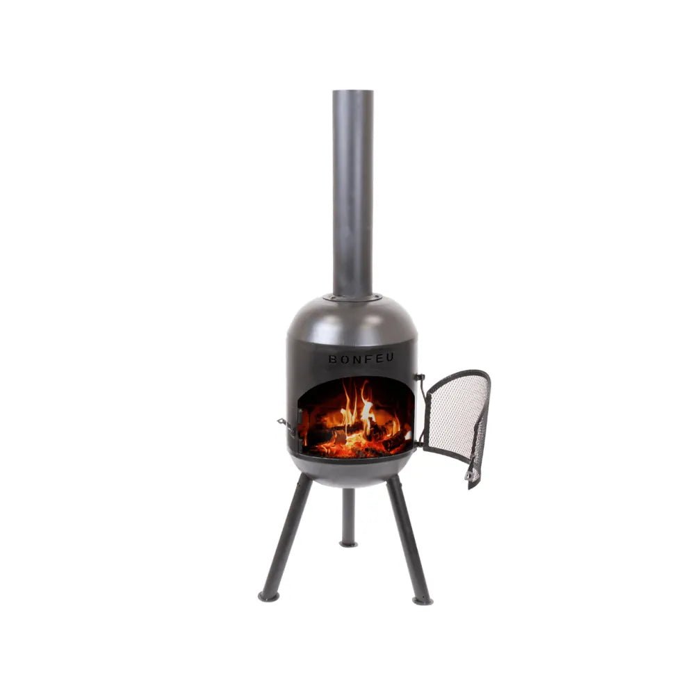 Bonfeu bonsolo outdoor fireplace black metal chiminea with mesh door and visible fire inside for backyard use