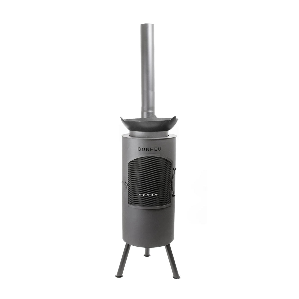 Gray metal bonfeu bontino lp outdoor fireplace with cylindrical body mesh front panel and tripod legs in black