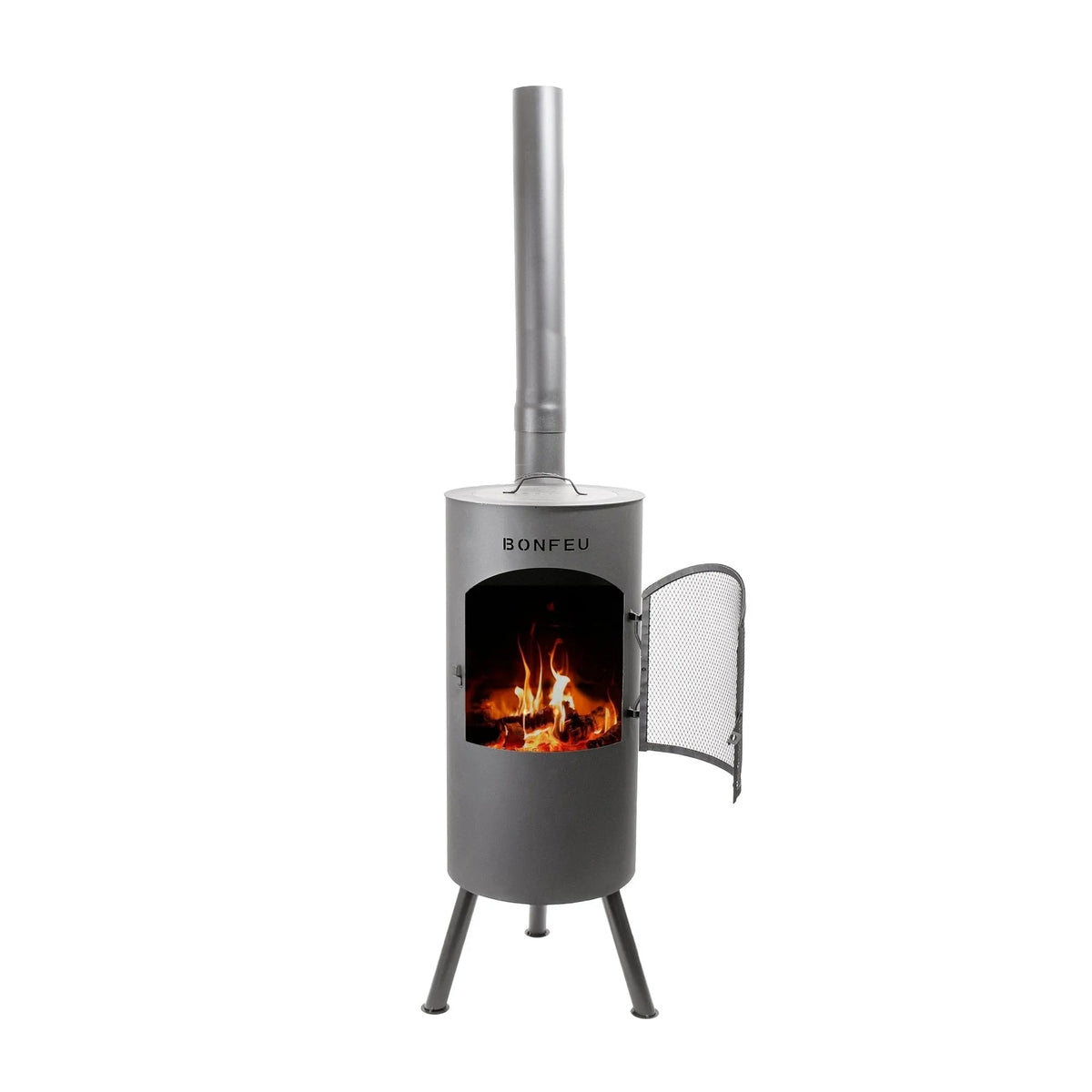 Gray metal bonfeu bontino lp outdoor wood-burning stove with tall chimney mesh door black outdoor fireplace