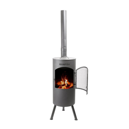 Gray metal bonfeu bontino lp outdoor wood-burning stove with tall chimney mesh door black outdoor fireplace