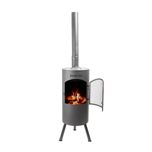 Gray metal outdoor fireplace with tall chimney mesh door and bonfeu brand on front bonfeu bontino lp black 3501