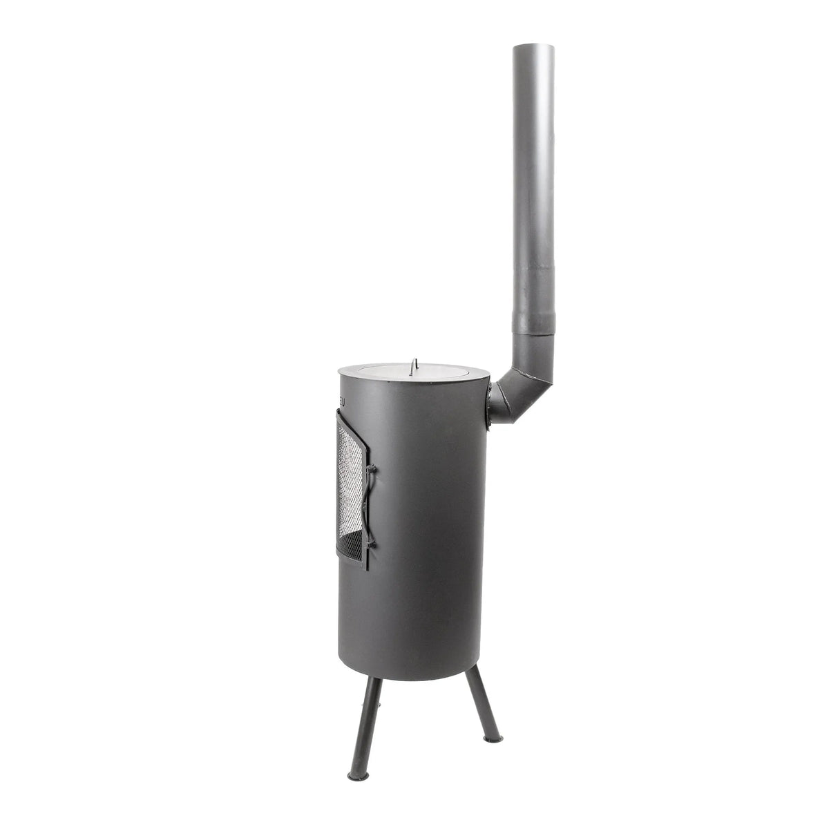 Dark gray cylindrical wood-burning stove with metal chimney and mesh door bonfeu bontino lp outdoor fireplace black 3501