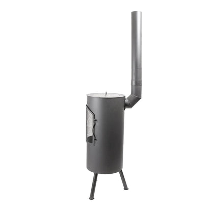 Dark gray cylindrical wood-burning stove with metal chimney and mesh door bonfeu bontino lp outdoor fireplace black 3501