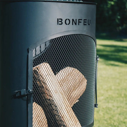 Black metal bonfeu bontino lp outdoor fireplace with mesh door and bonfeu branding for outdoor use