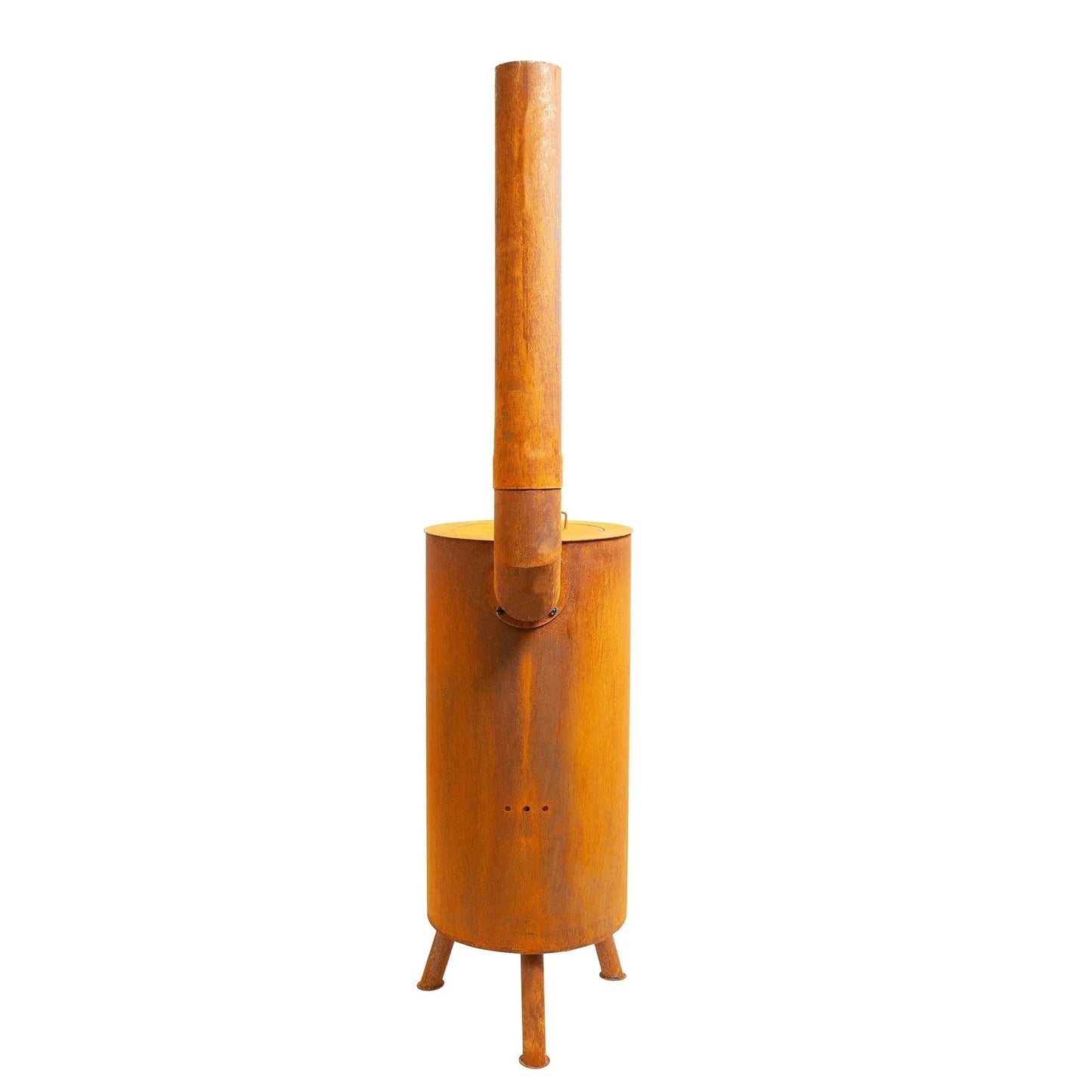 Rust-colored corten steel bonfeu bontino lp outdoor fireplace with tall cylindrical chimney and three legs