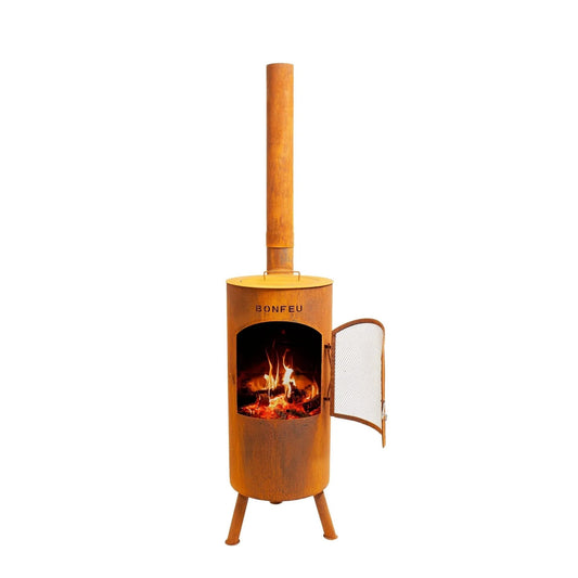 Rust-colored corten steel bonfeu bontino lp outdoor fireplace with wooden chimney and mesh door for outdoor use