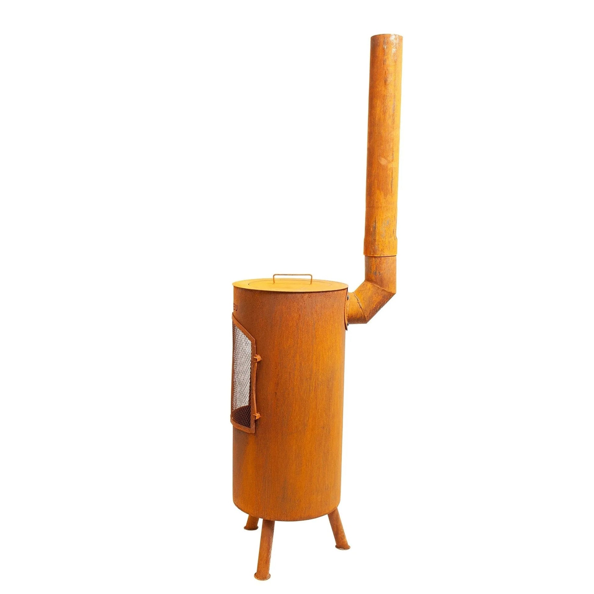 Rust-colored corten steel bonfeu bontino lp outdoor wood-burning stove with tall chimney and mesh door