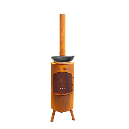 BonFeu BonTino LP outdoor fireplace rust-colored corten steel with wooden chimney and black cast iron fire pan