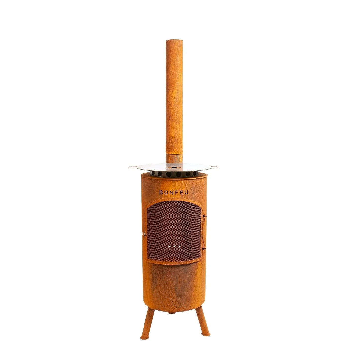 Rust-colored corten steel bonfeu bontino lp outdoor fireplace with wooden chimney and metal mesh door