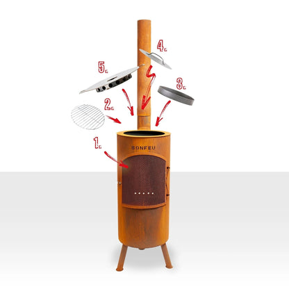Rust-colored corten steel bonfeu bontino lp outdoor fireplace with wooden chimney and three legs for patio use