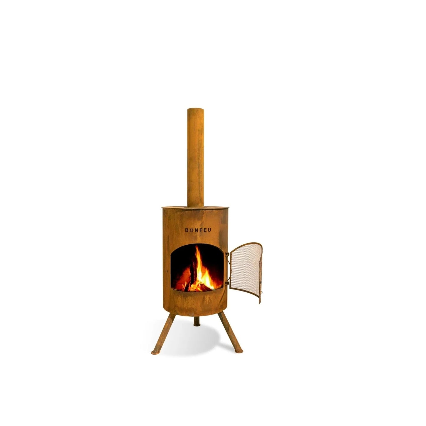 Rust-colored corten steel bonfeu bonton large outdoor fireplace with tall chimney tripod legs and burning logs inside