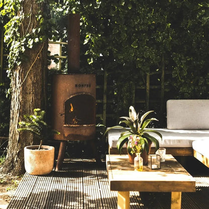 Rustic brown corten steel bonfeu bonton large outdoor fireplace with visible flame for garden use