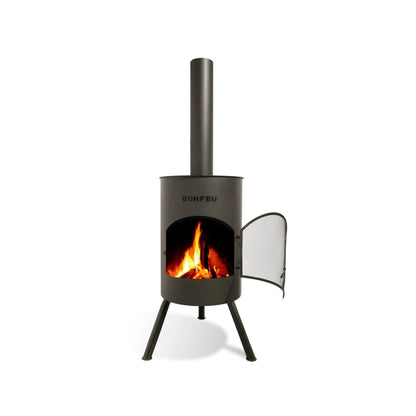 Black metal bonfeu bonton large outdoor fireplace with mesh door and visible flames in corten steel
