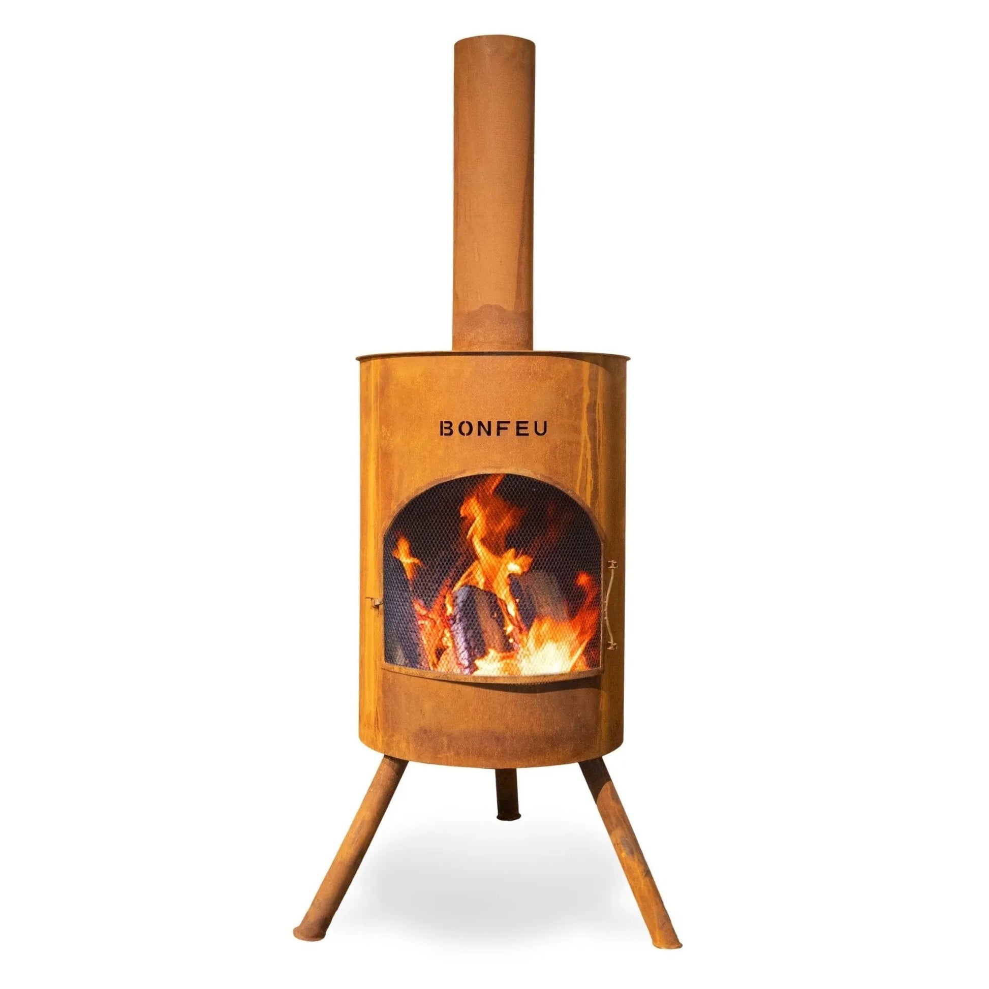 Rust-colored bonfeu bonton large outdoor fireplace with cylindrical corten steel body arched glass door and tripod legs