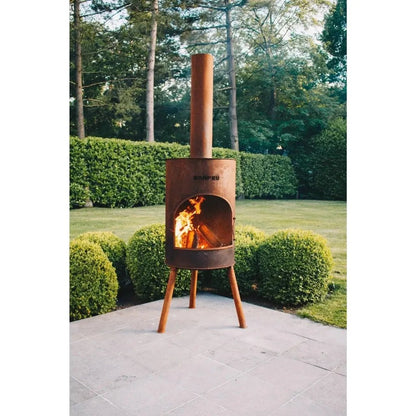 Rustic copper-colored bonfeu bonton large outdoor fireplace with tall chimney tripod legs and ronnebu brand on front
