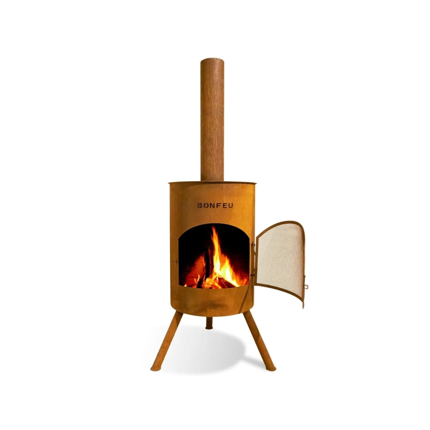 Rust-colored bonfeu bonton large outdoor fireplace with wooden legs, corten steel, mesh door, and glowing fire inside