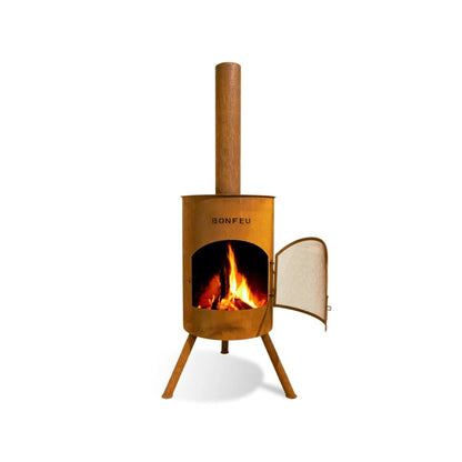 Rust-colored bonfeu bonton large outdoor fireplace with wooden legs, corten steel, mesh door, and glowing fire inside