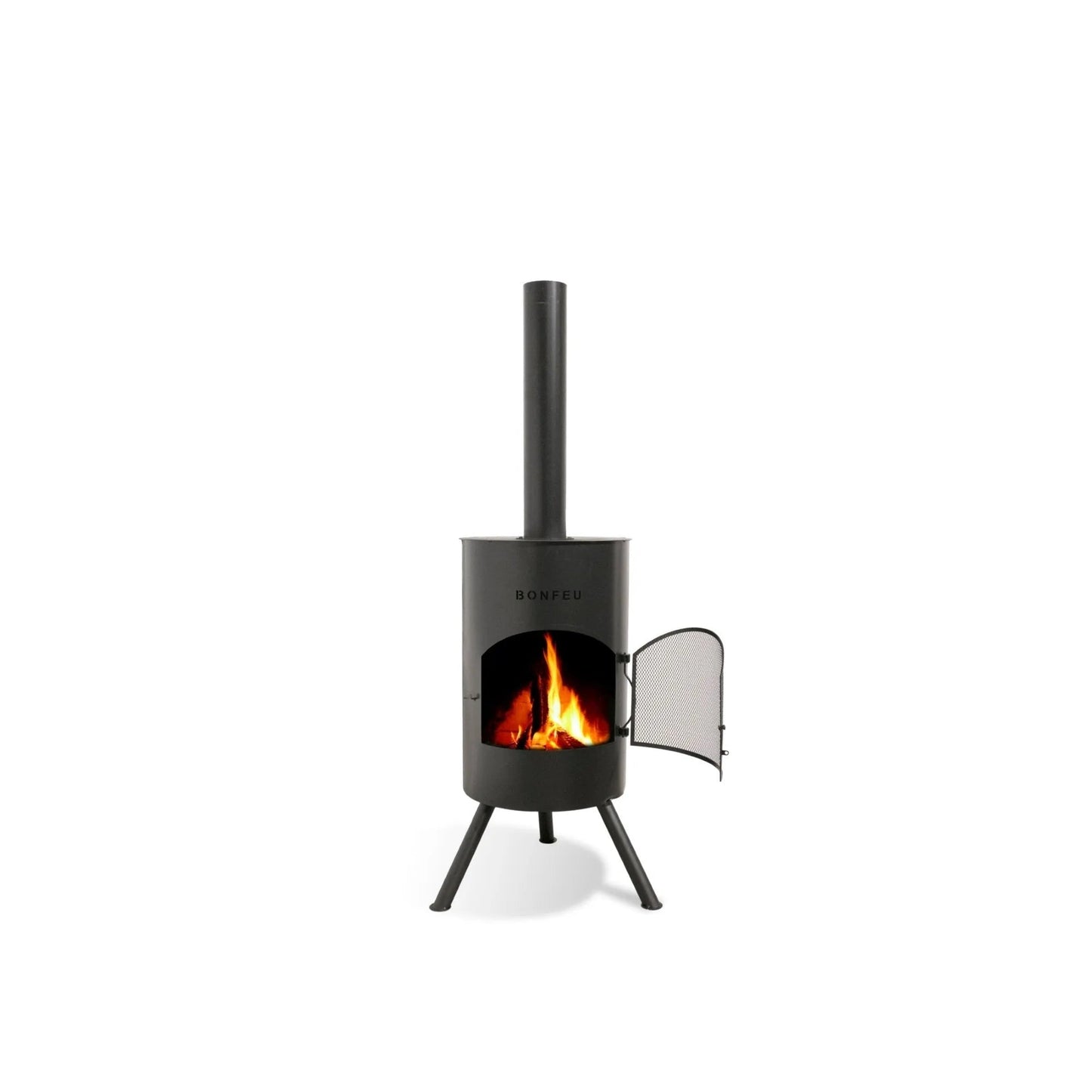 Black metal BonFeu BonTon large outdoor fireplace with mesh door and standing chimney in back steel view