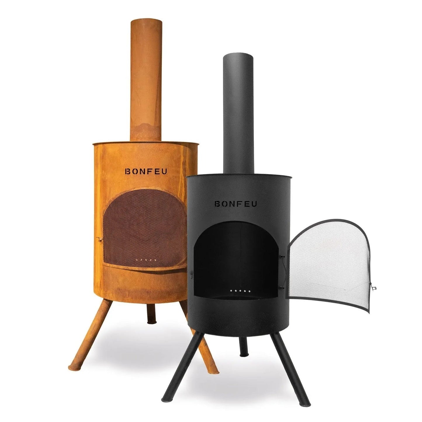 Two bonfeu bonton large outdoor fireplaces in rustic copper with wooden legs and matte black with matching legs