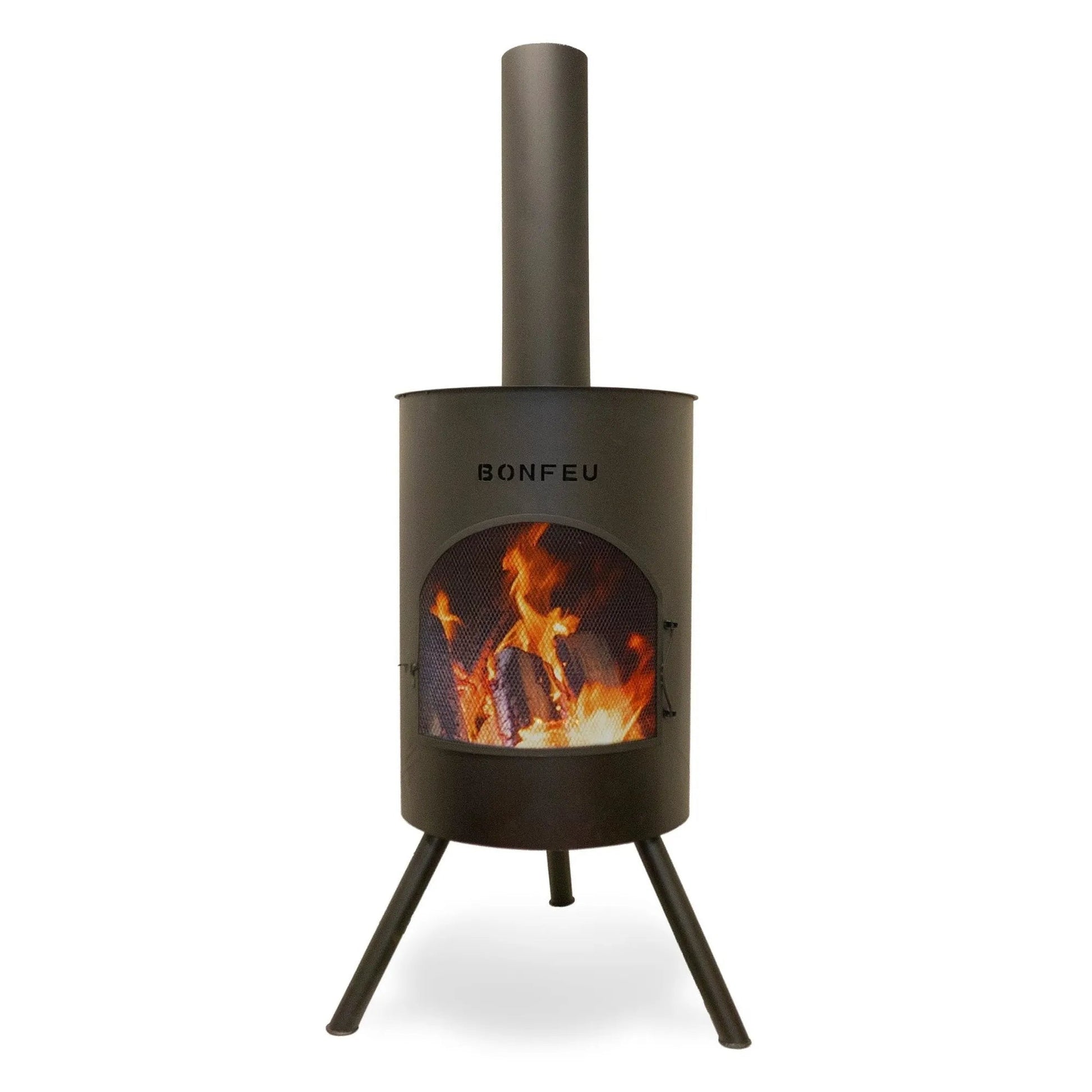 Black metal bonfeu bonton large outdoor fireplace with cylindrical body tripod legs and tall chimney in back steel