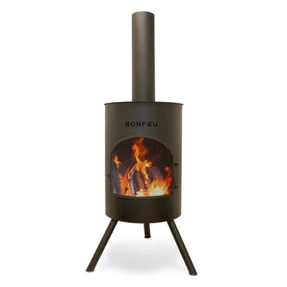 Black metal bonfeu bonton large outdoor fireplace with cylindrical body tripod legs and tall chimney in back steel