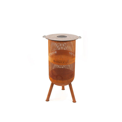 Copper-toned metal BonFeu BonVes 34 fire pit with perforated mesh body, flat vented lid, side handles, and three legs