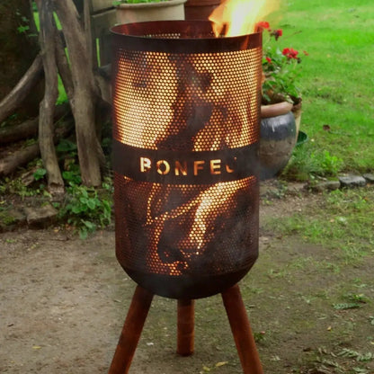 Bronze perforated metal bonfeo bonfeu bonves 34 fire pit with tripod base for outdoor use