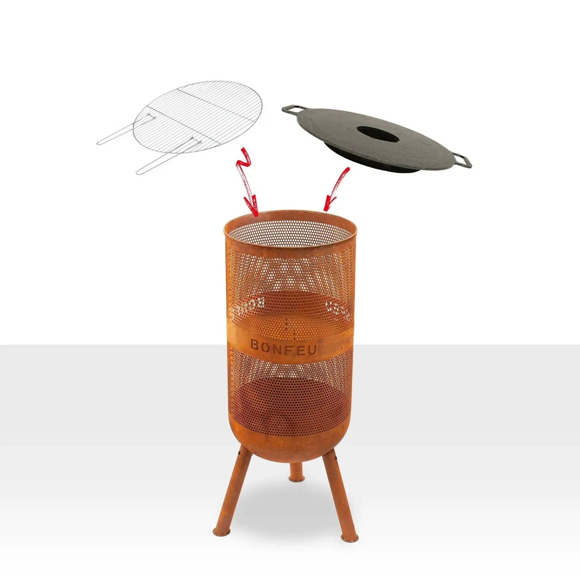 Rust-colored perforated metal fire pit with tripod legs and detachable grill and lid bonfeu bonves 34 fire basket