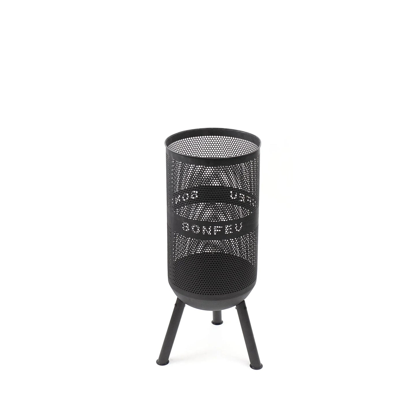 Black perforated metal fire pit with tripod legs and bonfeu branding bonfeu bonves 34 fire basket