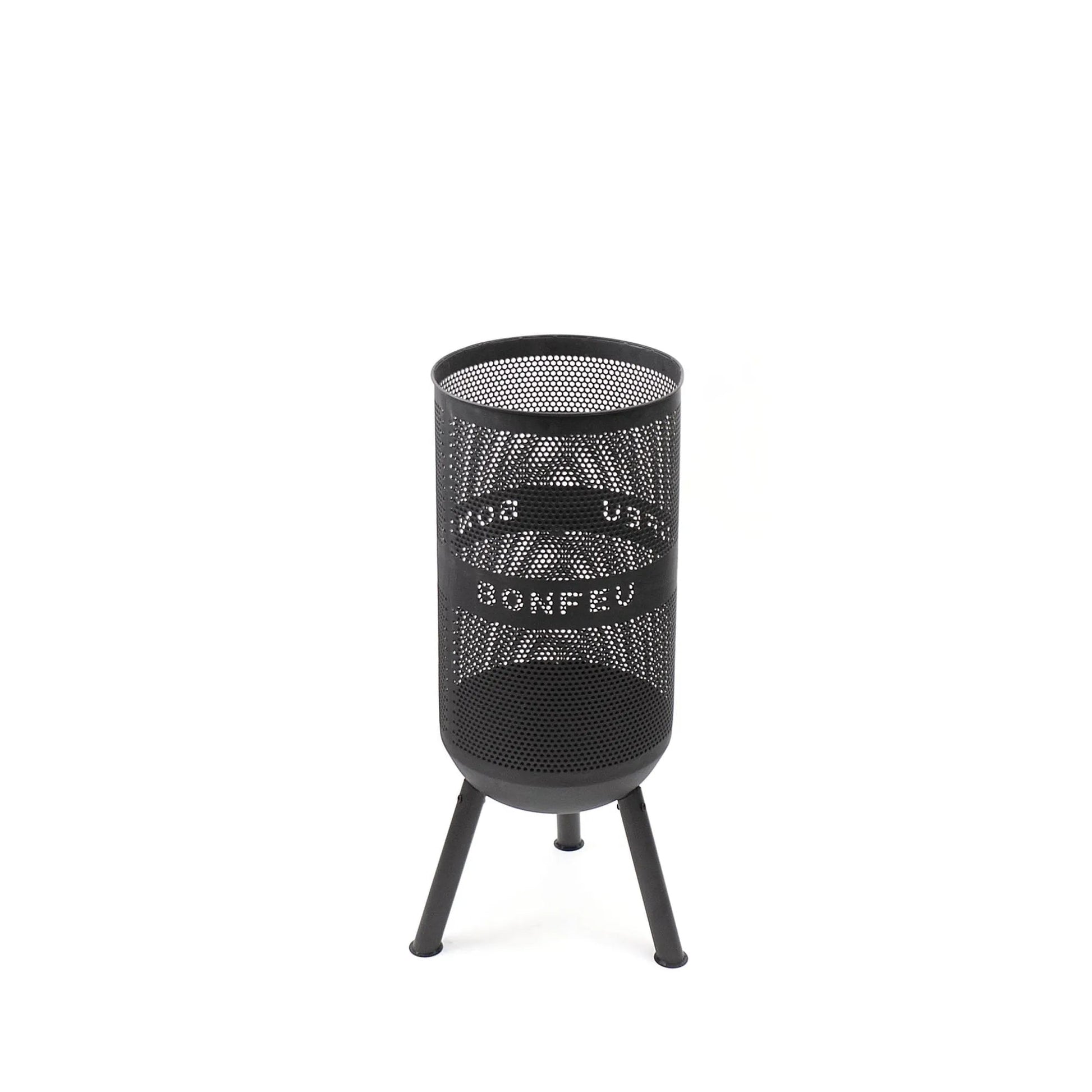Black perforated metal fire pit with tripod legs and bonfeu branding bonfeu bonves 34 fire basket
