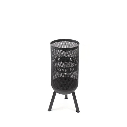 Black perforated metal fire pit with tripod legs and bonfeu branding bonfeu bonves 34 fire basket