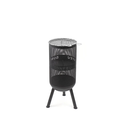 Black perforated metal bonfeu bonves 34 fire pit with silver grill top and tripod legs for outdoor use