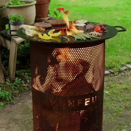Rusty metal bonfeu bonves 34 fire pit fire basket with perforated design and round cooking grate grilling food