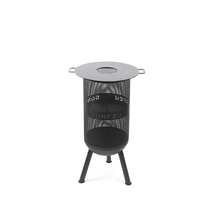 Black perforated metal fire pit bonfeu bonves 34 with circular lid and tripod base for outdoor use