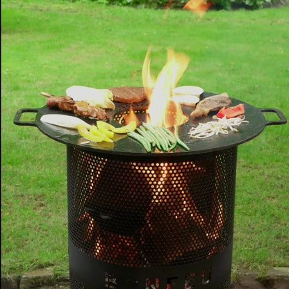 Bonfeu bonves 34 fire pit black perforated metal grill with handles and griddle cooking meats and vegetables over flames