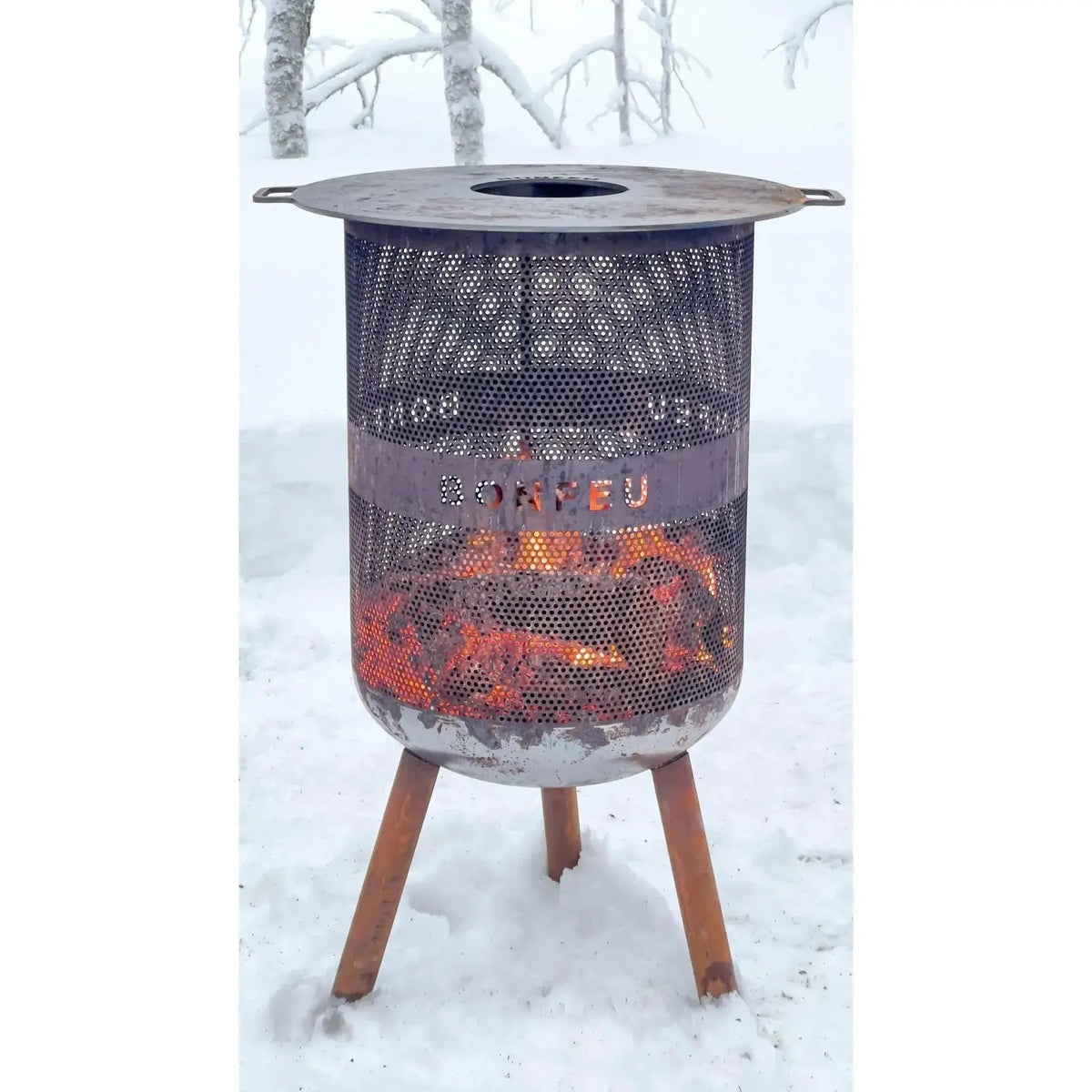 BonFeu BonVes 45 fire pit with a rustic metal perforated body wooden tripod legs and boryeu branding on the side