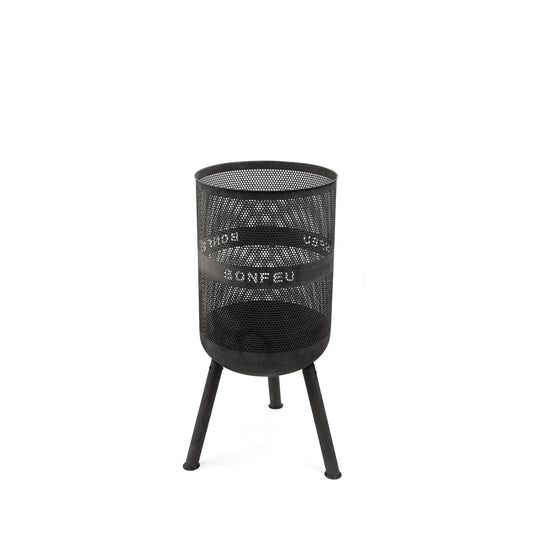 Black metal mesh fire basket with tripod legs and bonfeu branding bonfeu bonves 45 fire pit