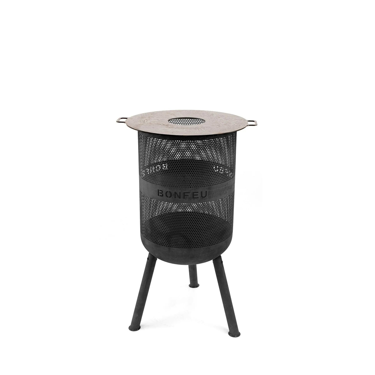 Black metal mesh fire pit with tripod legs and circular lid branded bonfeu for outdoor fire use BonFeu BonVes 45