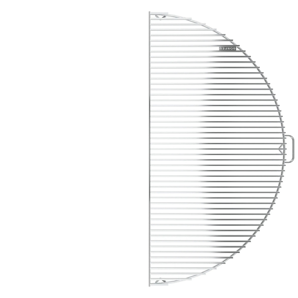 Silver stainless steel half-circle grill grate with horizontal bars and handle for BonFeu BonBowl fire bowl BBQs