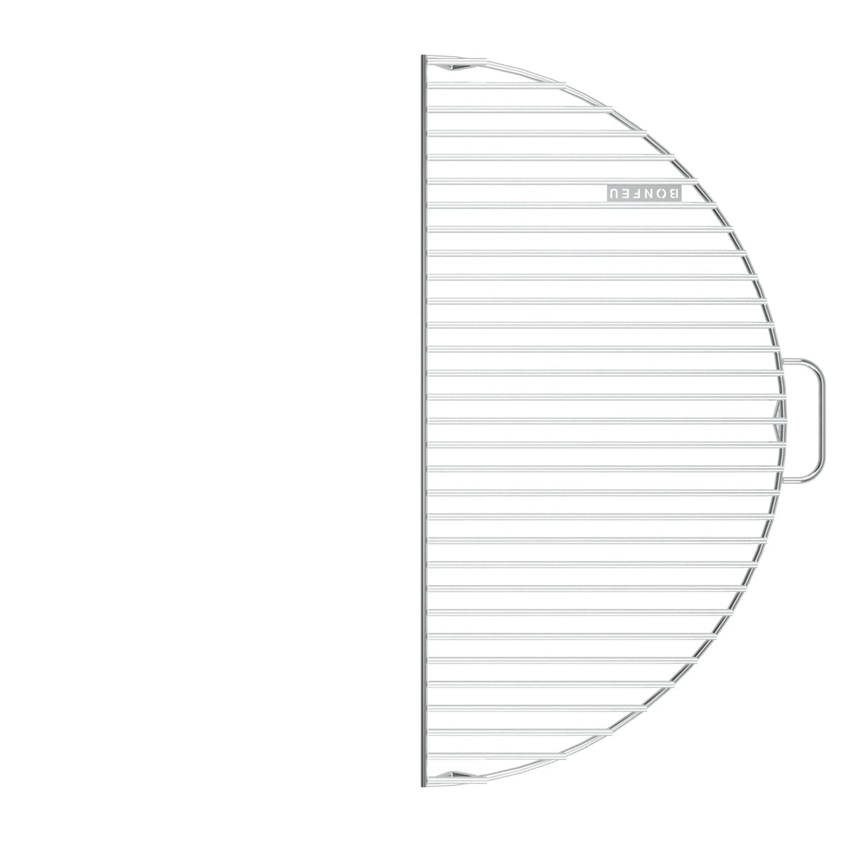Silver-colored semi-circular metal grill grate with handle and evenly spaced bars for bonfeu bonbowl fire bowl bbq
