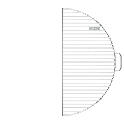 Silver-colored semi-circular metal grill grate with handle and evenly spaced bars for bonfeu bonbowl fire bowl bbq