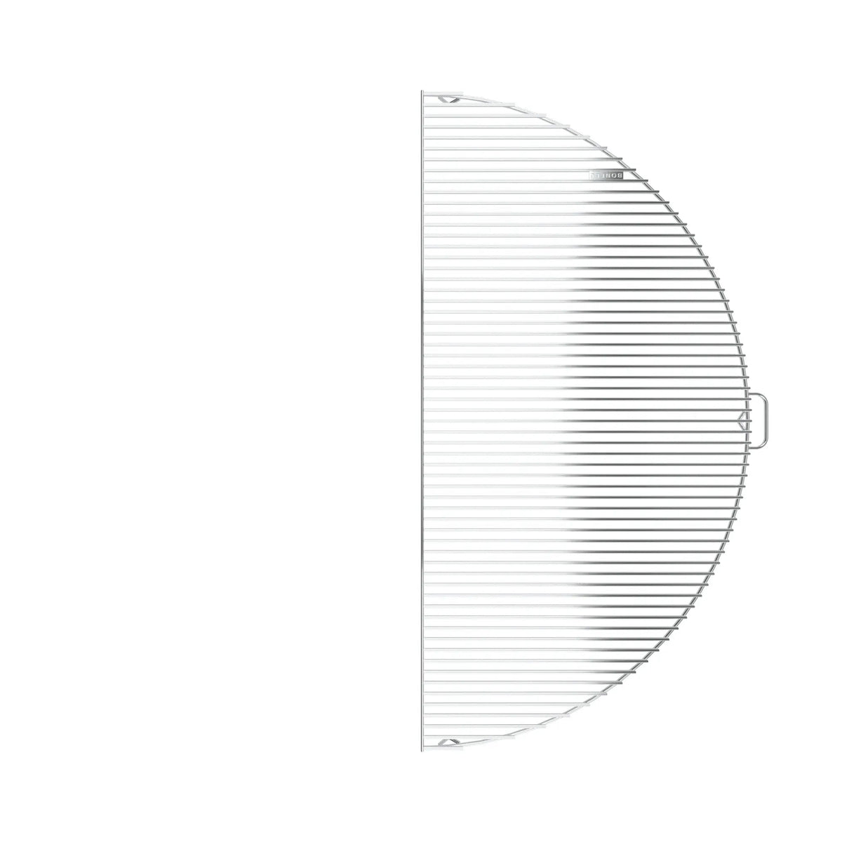 Silver half circle grill grate with horizontal bars and handle for bonfeu grill used in bonbowl fire bowl pits
