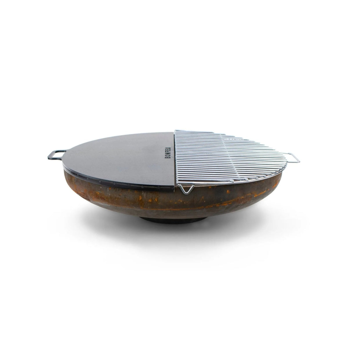 BonFeu grill is a round rust-colored cast iron fire pit with black lid and silver grill for BonBowl fire bowl BBQs