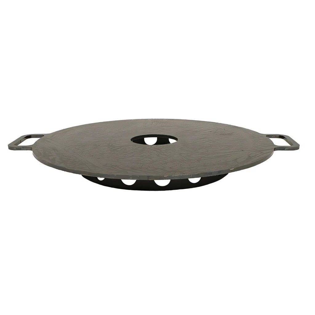 Dark gray circular cast iron grill grate with two side handles and central hole for bonfeu plancha outdoor fireplace