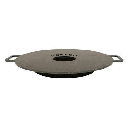 Gray cast iron bonfeu grill lid with two side handles and central hole for bonfeu plancha outdoor fireplaces